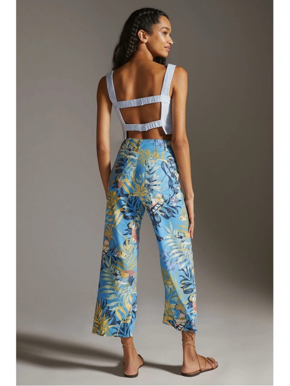 Anthropologie Maeve Colette Cropped Linen Wide-Leg Pants Tropical Print Size 0 - Picture 2 of 7